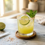 Sugar-free mocktail margarita with THC in a salted glass with lime garnish