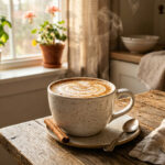THC-infused coffee in a mug with Canna Drops beside it on a wooden surface