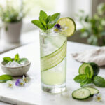 Cucumber mint spritz with THC in a tall glass with cucumber ribbons and fresh mint